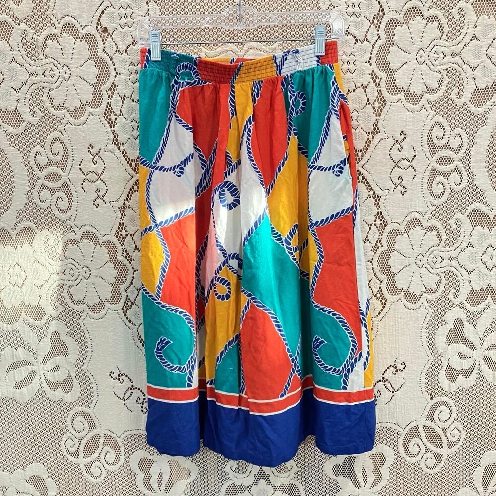Vintage 80s Nautical Midi Skirt with Pockets & Abstract Rope & Patchwork Print